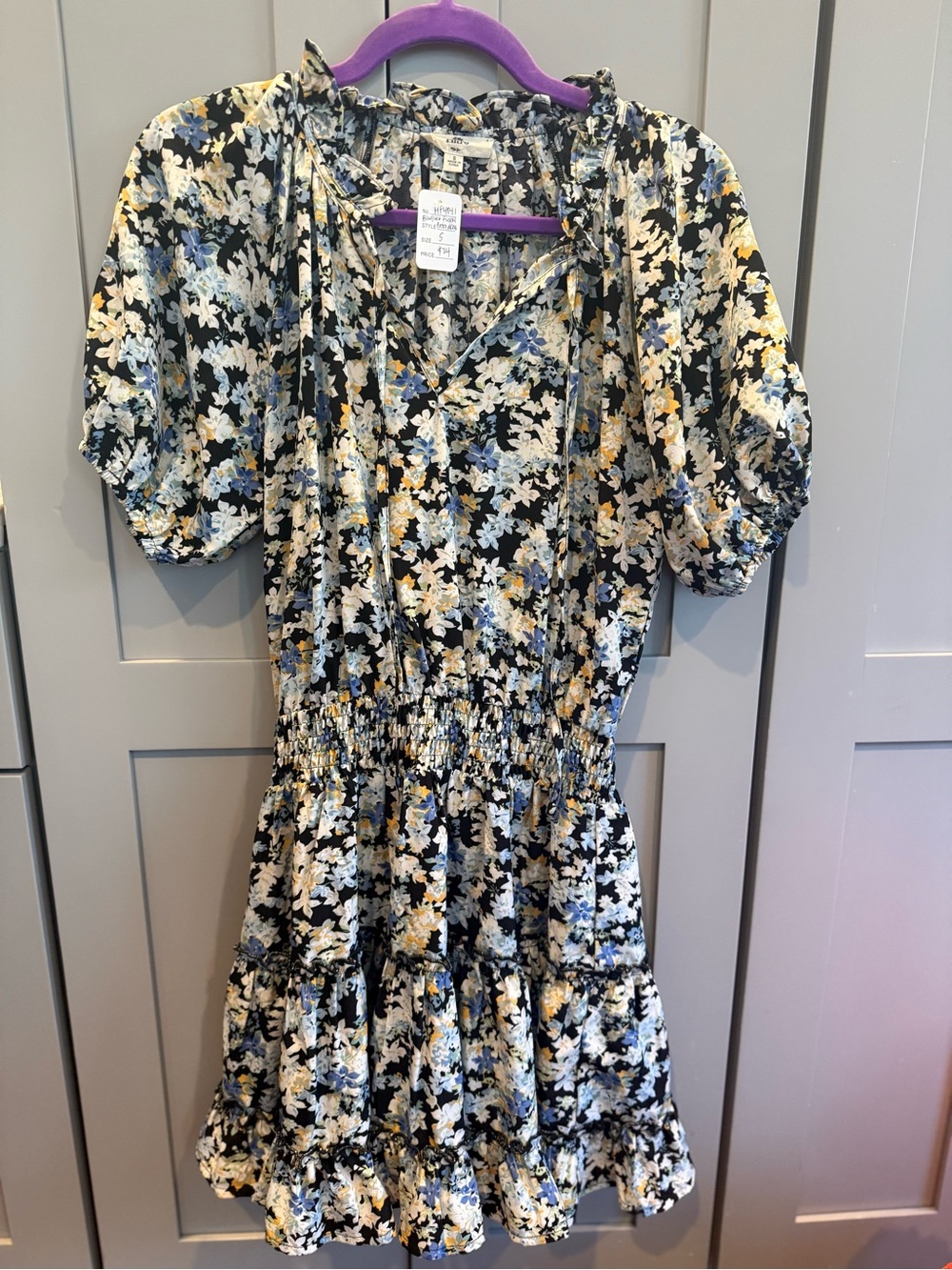 entro Black Floral Smocked Mini Dress with Blue & Yellow Accents